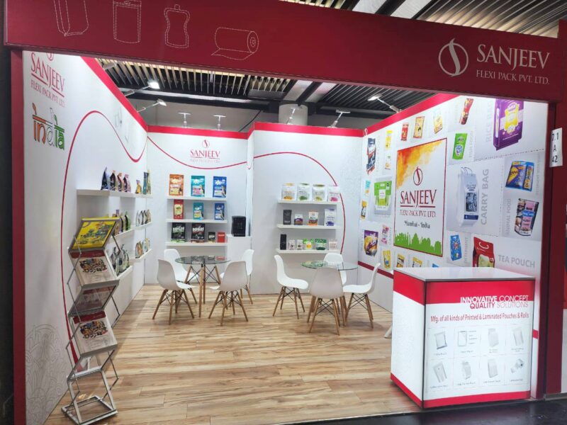 Detail of the Sanjeev exhibition booth at Interpack 2024 in Düsseldorf