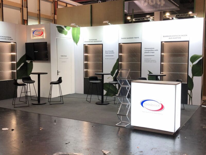 High-quality exhibition booth crafted by Stand 360 for Fachpack trade fair in Nuremberg, Germany.